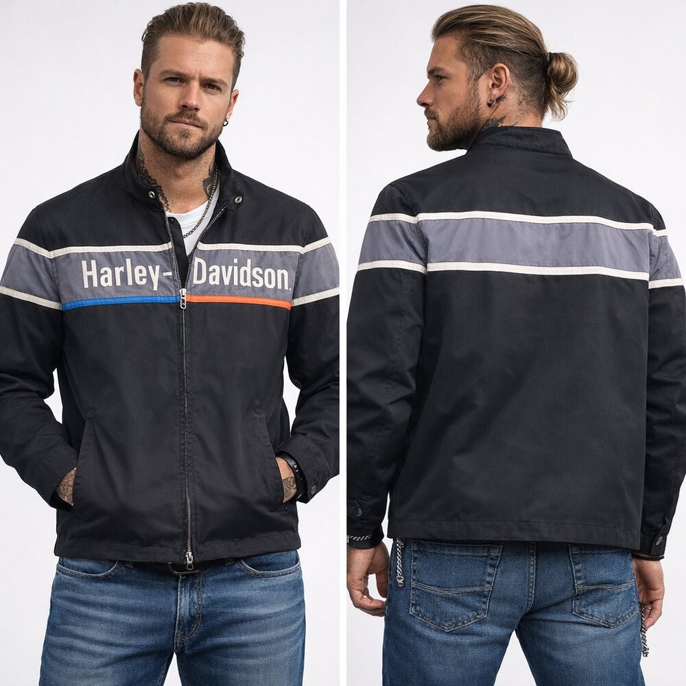 Harley Davidson Bar Jacket Men’s Medium, Lined Cotton Motorcycle Coat 2 Way Zip